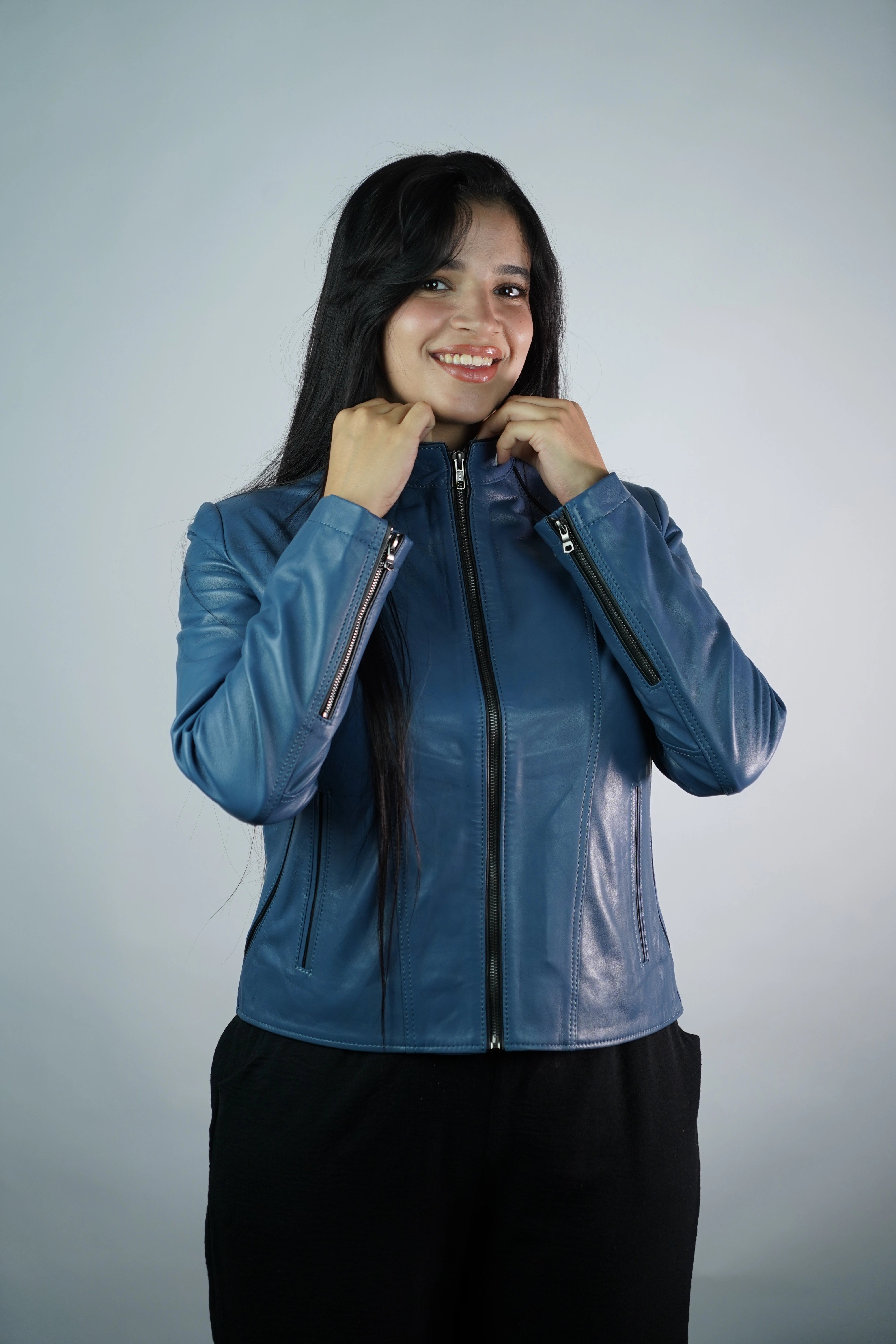 Women’s Blue Faux Leather Jacket – Slim Fit with Stand Collar