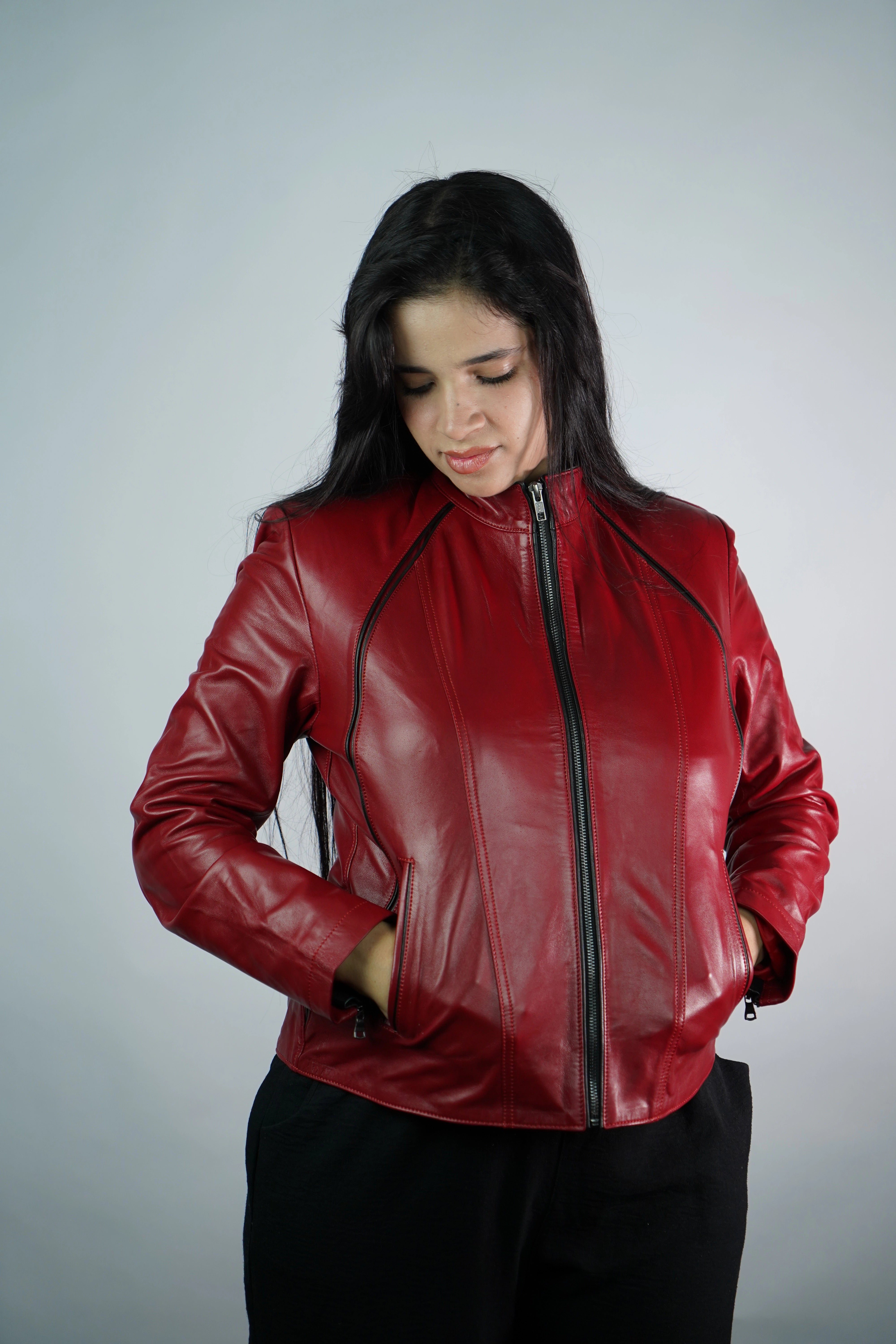 Women’s Red Faux Leather Jacket – Slim Fit with Stand Collar