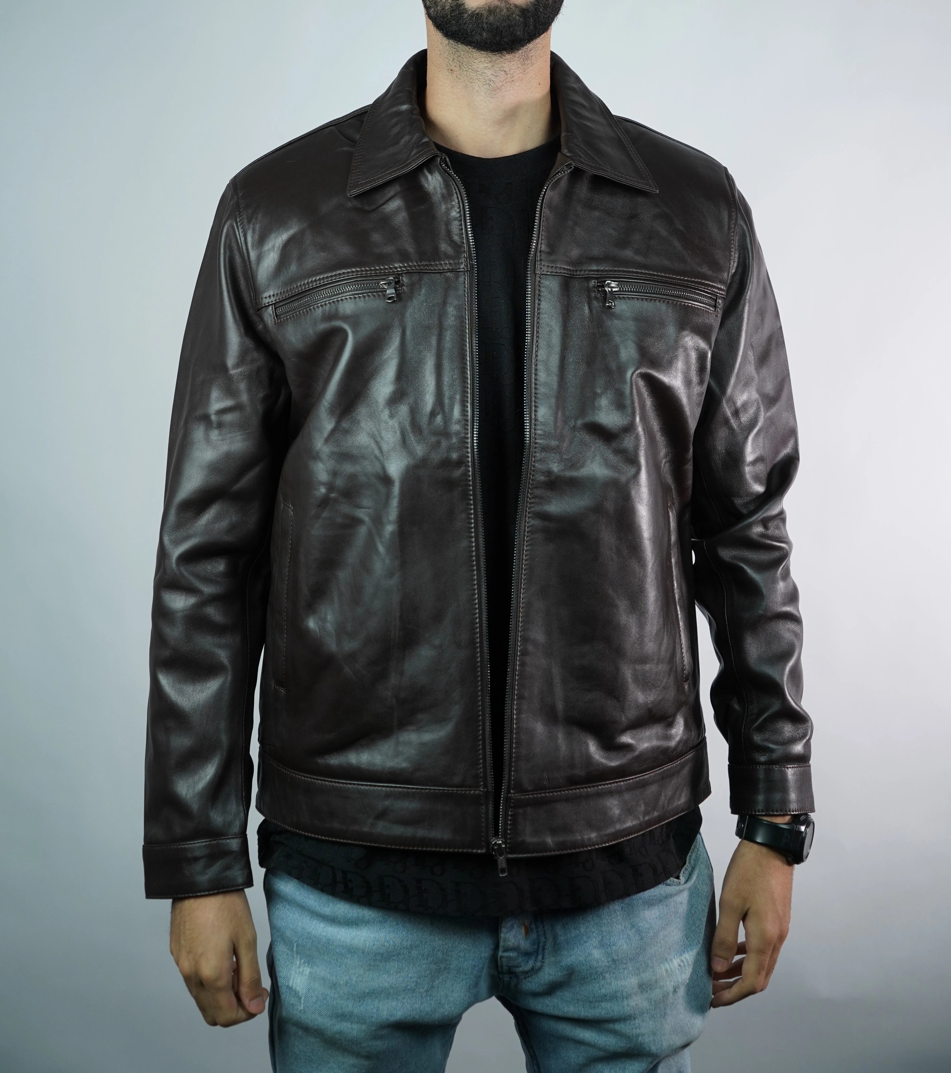 Men’s Classic Black Faux Leather Jacket – Slim Fit Zip-Up