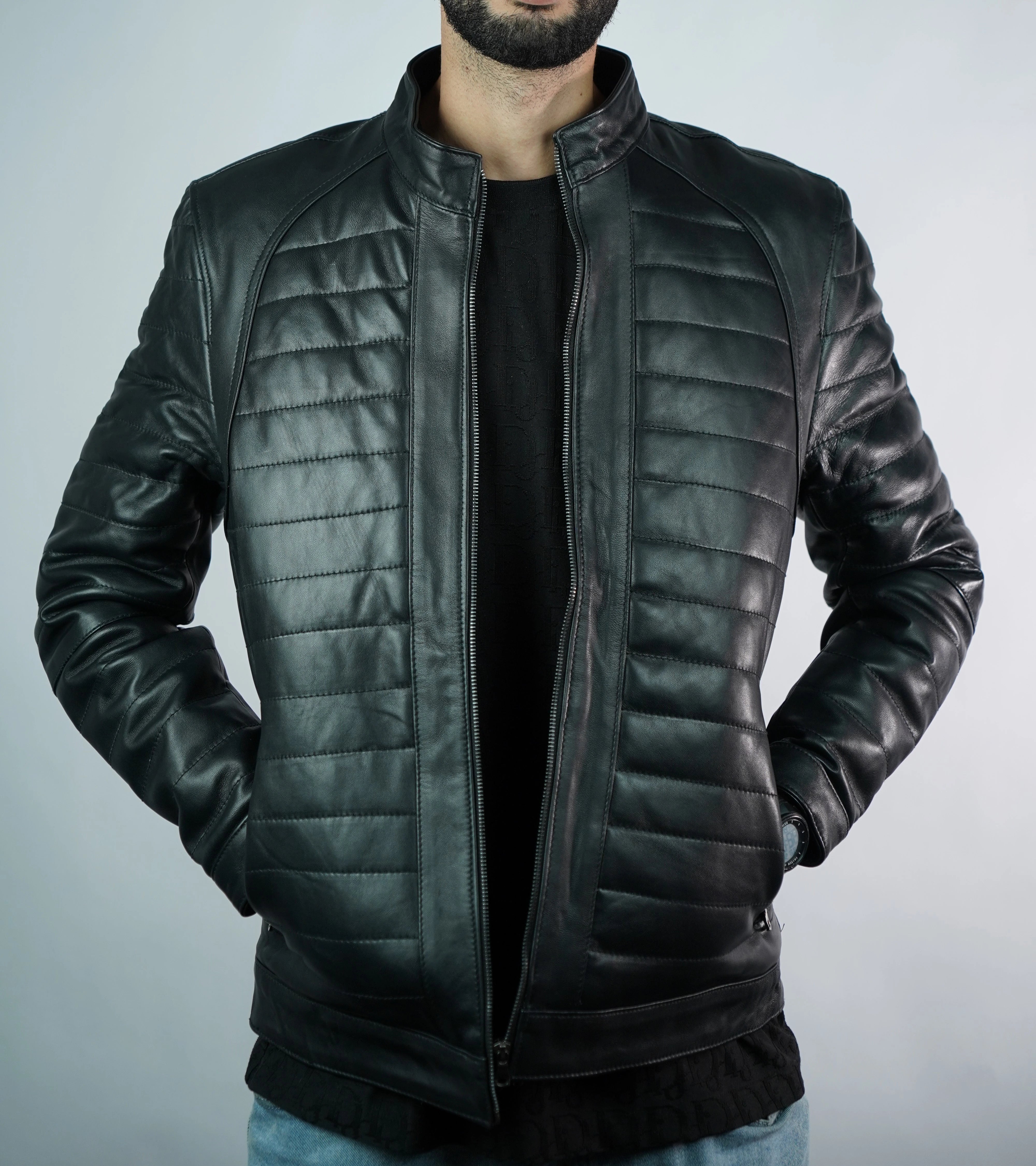 Men’s Quilted Black Faux Leather Jacket – Biker Style with Stand Collar