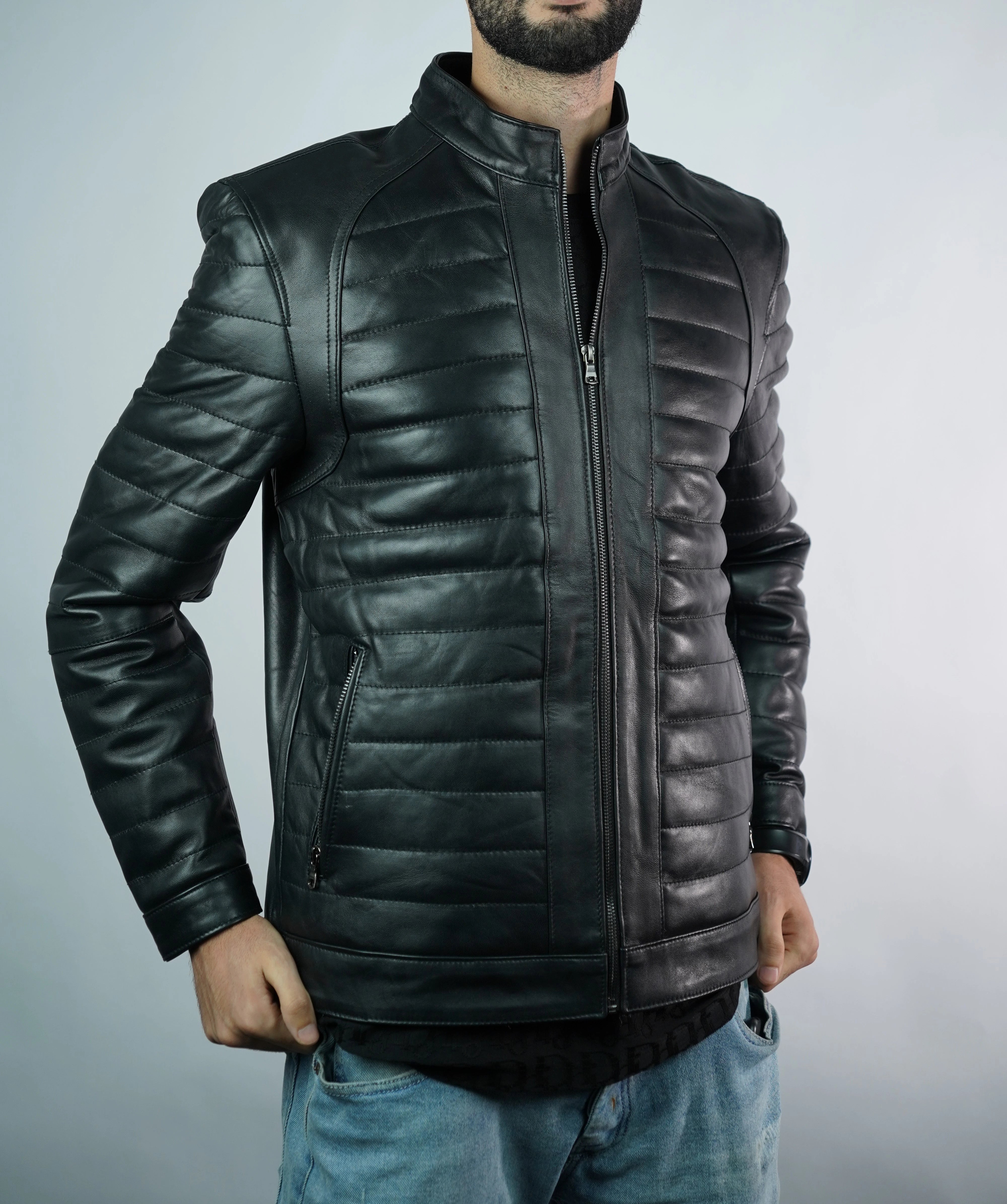 Men’s Quilted Black Faux Leather Jacket – Biker Style with Stand Collar